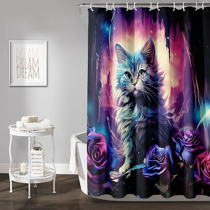 AILONEN Cool Cat Shower Curtains,Purple Rose Cat Bath Curtains for Bathroom Decor,Cave Cat Curtains for Kids,72" W*78" H Polyester Waterproof with 12 Plastic Hooks
