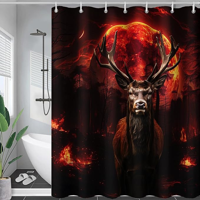 AILONEN Deer Hunting Shower Curtain for Boys,Moon Flame Fire Elk Bath Curtain for Bathroom,Print Polyester Waterproof with 12 Plastic Hooks 72" W*96" H