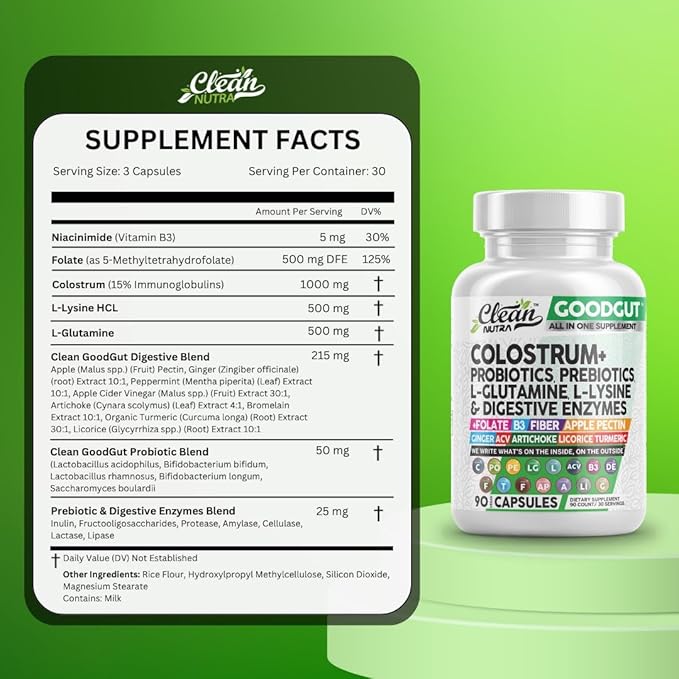 Colostrum Supplement Capsules Probiotics Pills Prebiotics, L-Glutamine, Digestive Enzymes, Folate, Fiber, ACV, Turmeric, Apple Pectin and Turmeric Clean Nutra Good Gut