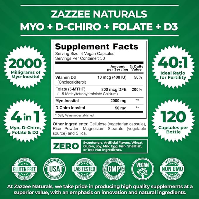 Zazzee Myo-Inositol + D-Chiro, with Folate (5-MTHF) + D3, 120 Vegan Capsules, Optimal 40:1 Inositol Ratio, 30 Day Supply, All-Natural, Non-GMO, Supports Hormone Balance and Ovulation, Made in The USA