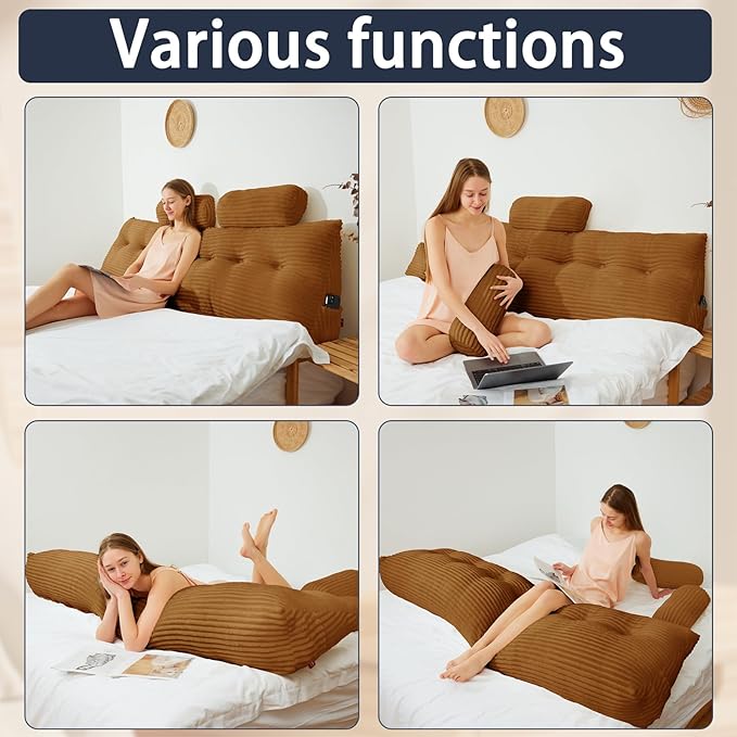 Headboard Wedge Pillow with 2 Pack Neck Roll Pillow Large Headboard Pillow Soft and Supportive Bed Rest Reading Pillows for Sitting in Bed with Removable Cover (Brown, King:76x8x20 Inches)