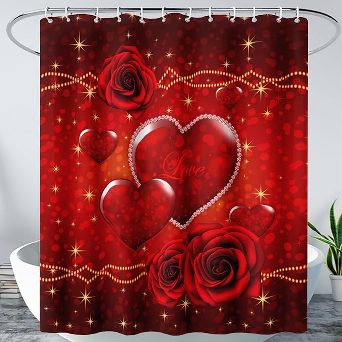 AILONEN Red Hearts Rose Shower Curtain for Bathroom Decor, Romantic Flower Bathroom Curtain 48" W*72" H,Valentine Bath Curtain Polyester Waterproof Shower Curtain with 12 Hooks