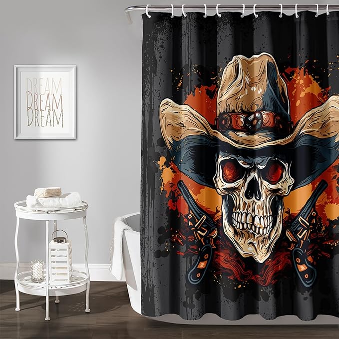 AILONEN Gothic Skull Shower Curtain for Bathroom,Graffiti Fire Gun Skull Black Art Bathroom Curtain for Kids Girls Teen,Bath Curtain 48" W*72" H Polyester Waterproof Bathroom Curtain with 12 Hooks