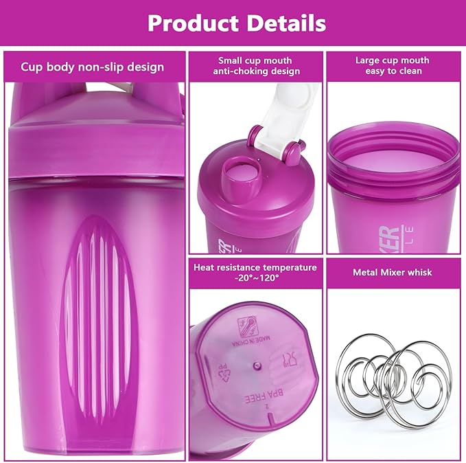 Shaker Bottle, 400ml Small Protein Shaker Cup with Mixing Ball for Smooth blending, Leak-Proof GYM Workout Water Bottles for protein& Smoothie Shake,Bpa Free (13oz / Purple)