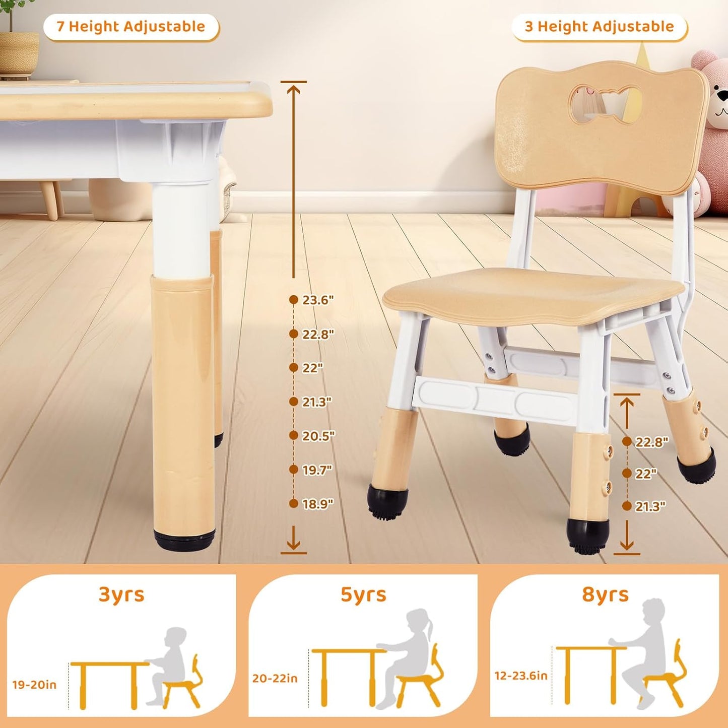 Kids Table and 6 Chairs Set, Height Adjustable Graffiti Desk, Preschool Activity Art Craft Table, for Daycare Classroom Home Boys and Girls Age 3-12 (Beige)
