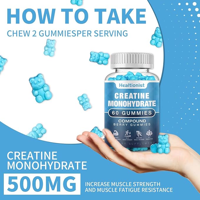1 Pack Creatine Monohydrate Gummies for Men & Women, Chewable Creatine Monohydrate for Muscle Strength & Growth, Muscle Builder, Energy Boost, Pre-Workout Supplementm, Vegan, 60 Counts