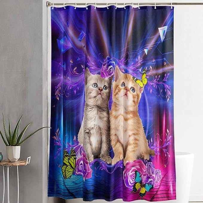 AILONEN 3D Cat Shower Curtain,Cute Kitten Shower Curtain Set for Kids Boys Girls,Cat Lovers Animal Shower Curtain for Bathroom,Rose with Butterfly Bath Curtain with Hooks,60" W*72" H