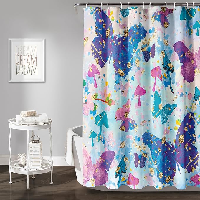 AILONEN Butterfly Shower Curtain for Bathroom, Blue Pink Tie Dye Butterfly Bath Curtain,Women Girls Bathroom Curtain,72" W*96" H Polyester Waterproof with 12 Plastic Hooks