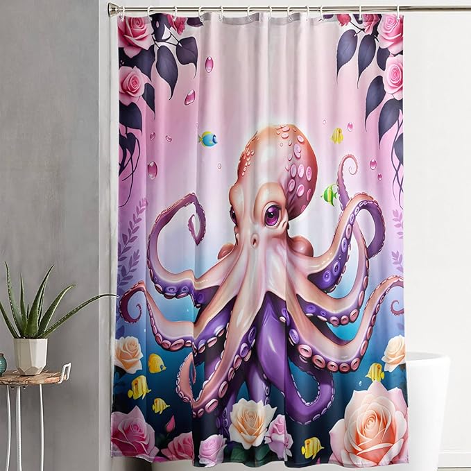 AILONEN Cartoon Pink Octopus Shower Curtain for Bathroom,Octopus Tentacles with Rose Bath Curtain for Kids,Girls,Ocean Animal Theme Waterproof Fabric Shower Curtain Set with Hooks,60" W*72" H