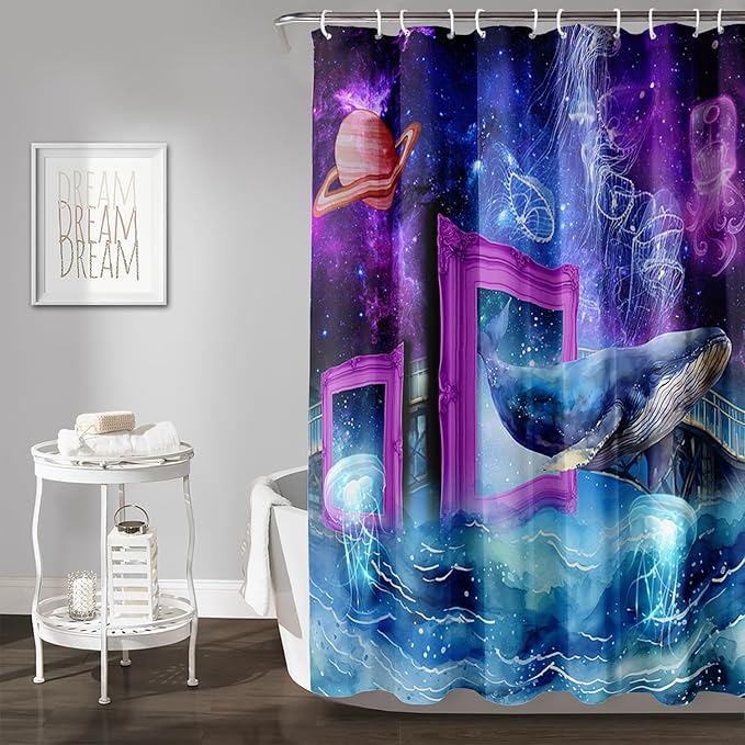 AILONEN 3D Whale Shower Curtains,Purple Galaxy Bath Curtains,Ocean Jellyfish Curtains for Kids Girls,Polyester Waterproof for Bathroom with 12 Hooks,72" W*78" H Purple