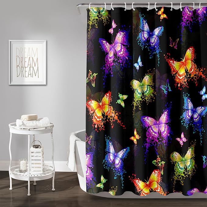 AILONEN Butterfly Shower Curtain for Bathroom, Colorful Butterfly Polyester Waterproof Bath Curtain,Modern Fashion Minimalist Shower Curtain with 12 Plastic Hooks,Black 72" W*78" H