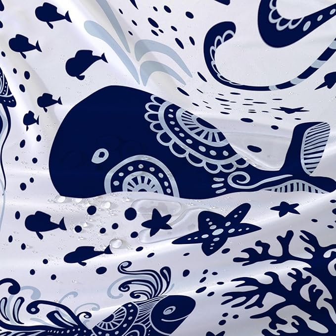 AILONEN Cartoon Dolphin Shower Curtain for Kids 48" W*72" H Inch,Blue Whales Octopuses Turtles Pattern Shower Curtain,Ocean Life Theme 12 Pack Hooks Polyester Waterproof Fabric Decor for Bathroom