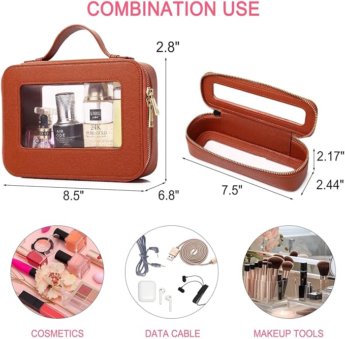 Clear Makeup Bag for Women Waterproof Travel Makeup Case Portable Cosmetic Case Toiletry Bag Car Organizer with Zipper (X/Brown, L)