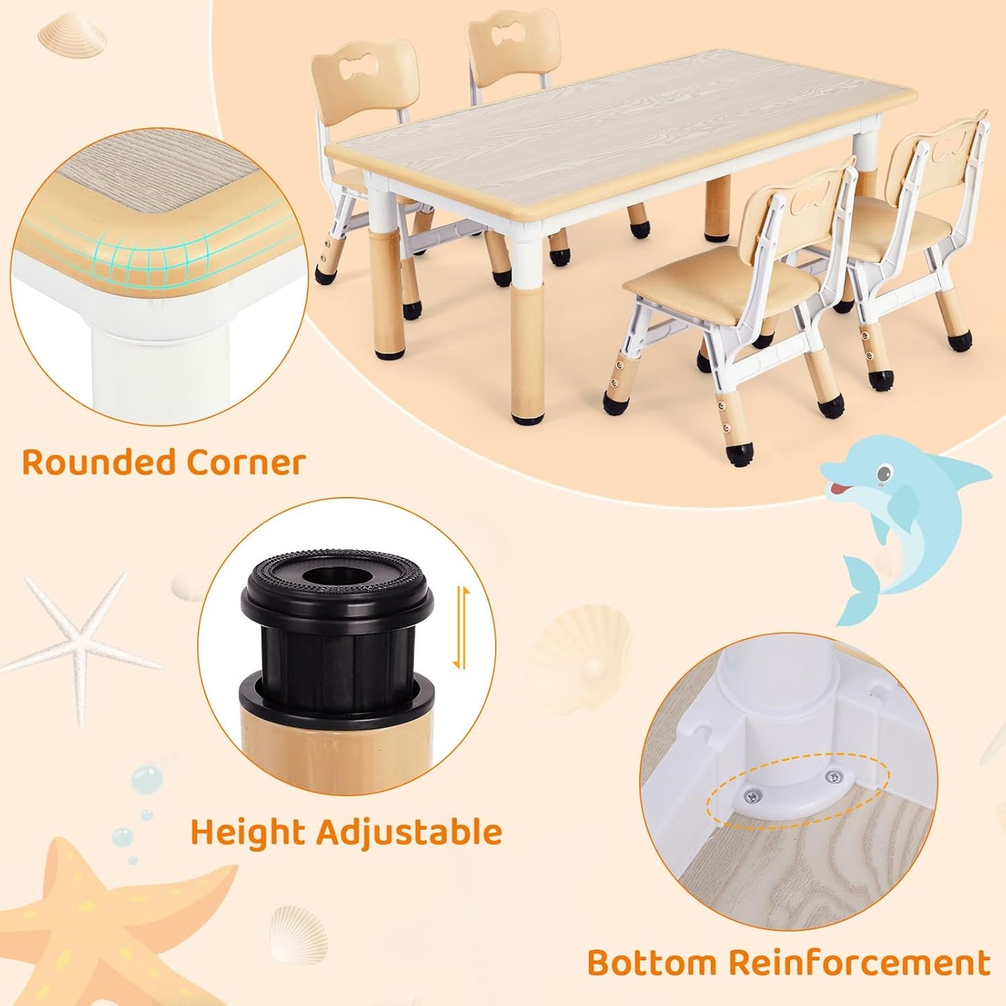 Kids Table and 6 Chairs Set, Height Adjustable Graffiti Desk, Preschool Activity Art Craft Table, for Daycare Classroom Home Boys and Girls Age 3-12 (Beige)