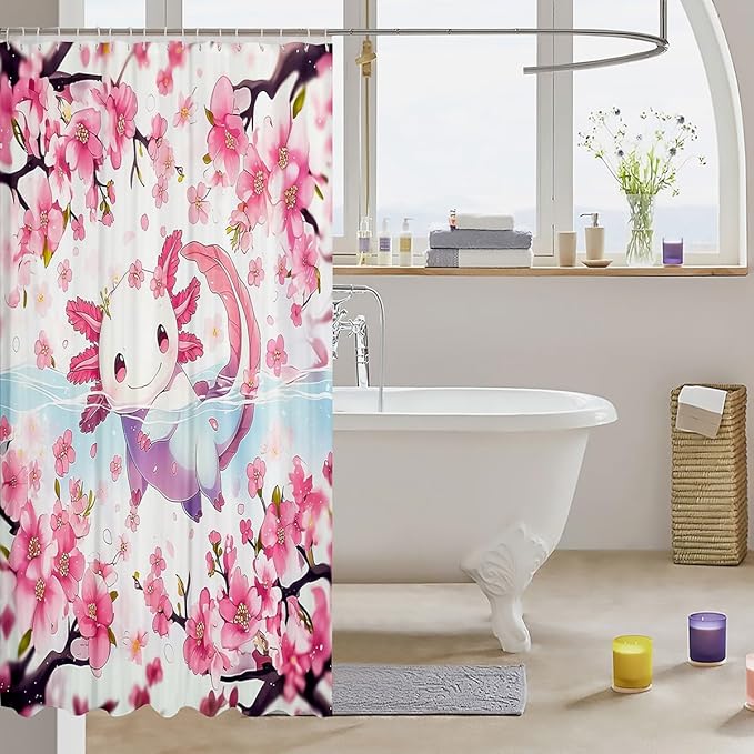 Feelyou Boys Girls Cute Axolotl Bathroom Shower Curtain Set Cartoon Salamander Bath Curtain Ocean Sealife Shower Curtain Kids Kawaii Teens Bathroom Accessories Room Decor 72"x78"