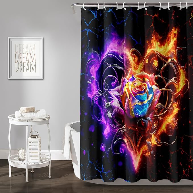 AILONEN Rose Shower Curtain for Bathroom,Purple Red Flame Fire Rose Hearts Print Bath Curtain,Modern Print Decoration Waterproof Shower Curtain with 12 Plastic Hooks, 72" W*78" H