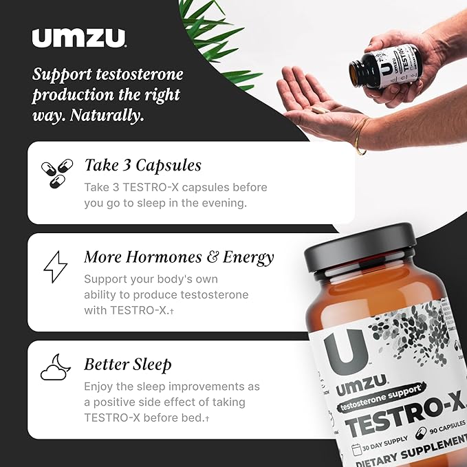 UMZU Testro-X Testosterone Supplement for Men | Support Energy, Strength, Stamina & Healthy T Levels (30 Day Supply | 90 Capsules)