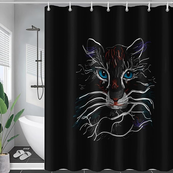AILONEN Cat Shower Curtain for Kids Teens,Colorful Line Cat Bath Curtain for Bathroom,Animal Polyester Waterproof with 12 Plastic Hooks 72" W*72" H