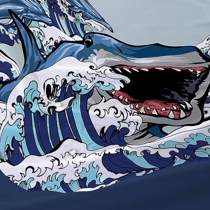 AILONEN Cartoon Shark Shower Curtain for Kids Boys Girls,Blue Ocean Wave with Shark Waterproof Fabric Shower Curtain for Bathroom,Blue Jumping Dolphin Theme Shower Curtain Set with Hooks,72" W*78" H