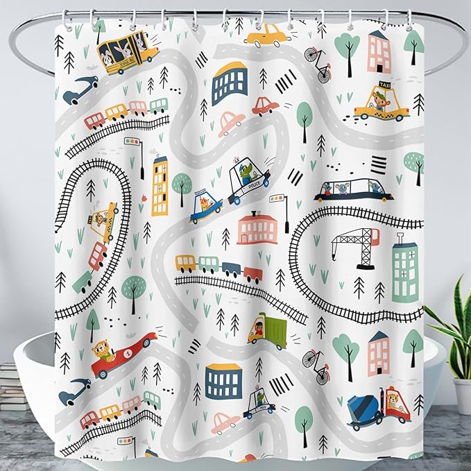 AILONEN Construction Truck Shower Curtain, Kids Cartoon Train Vehicle Tractor Cars Bath Curtain for Boys,White Road Map Bathroom Decor Waterproof Fabric 72" W*72" H Inch with 12 Plastic Hooks