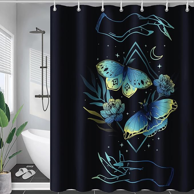 AILONEN Blue Moth Shower Curtain,Flora Death Moth Bath Curtain for Bathroom Decor,Polyester Waterproof with 12 Plastic Hooks 72" W*78" H