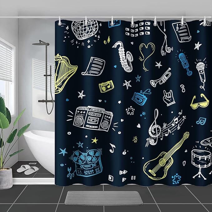 AILONEN Graffiti Note Music Shower Curtain,Hip Hop Music Art Bath Curtain Minimalist Bathroom Curtain 72" W*84" H Polyester Waterproof Bathroom Curtain with 12 Hooks