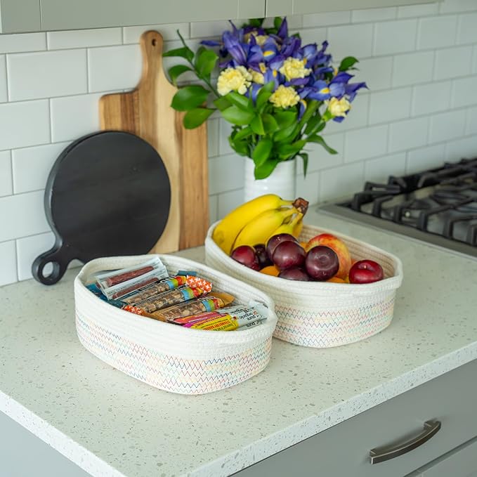 OrganiHaus Set of 5 Rectangle Bathroom Storage Baskets for Organizing, Small Woven Baskets for Storage Basket for Bathroom, Nursery Storage Basket for Baby Nursery Organization, Cute Bins, Rainbow