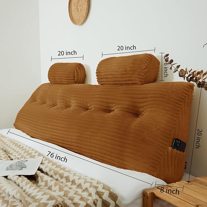 Headboard Wedge Pillow with 2 Pack Neck Roll Pillow Large Headboard Pillow Soft and Supportive Bed Rest Reading Pillows for Sitting in Bed with Removable Cover (Brown, King:76x8x20 Inches)