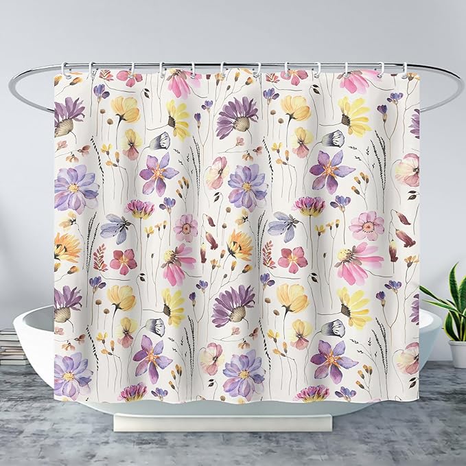 AILONEN Solemn Flowers Shower Curtain,Daisy Theme Bathroom Shower Curtain for Girls Kids Teens, 72" W*72" H Watercolor Patchwork Flowers Bathroom Decor for Bathroom