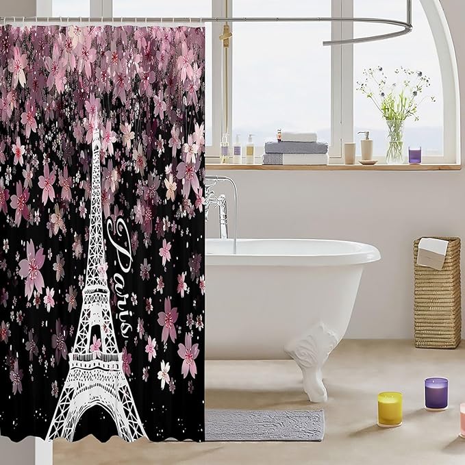 Feelyou Cherry Blossoms Shower Curtain 72"x84" Kids Eiffel Tower Bathroom Shower Curtain Set for Boys Girls Teens Romantic Paris Bath Curtain Floral Botanical Bathroom Accessories