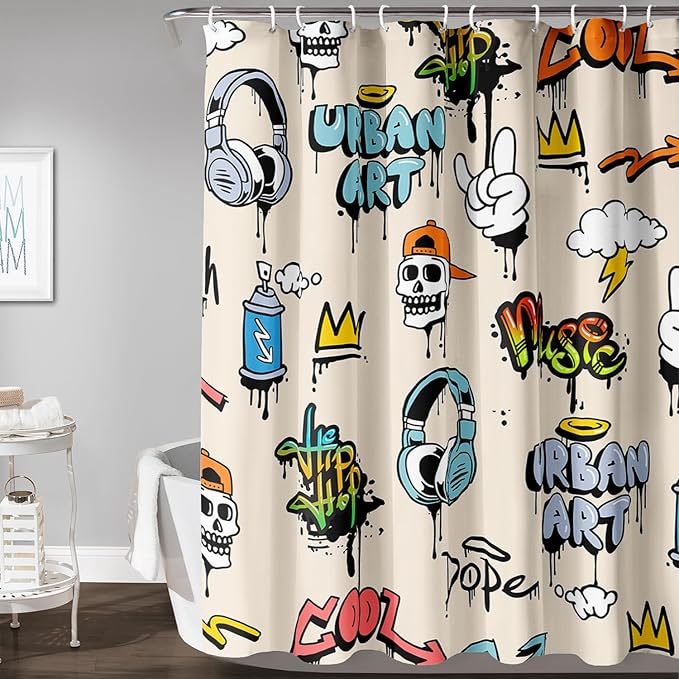 AILONEN Hip-Hop Skull Shower Curtains,Graffiti Music Bath Curtains,Printed Rock Curtains,Polyester Waterproof with 12 Hooks for Bathroom 48" W*72" H