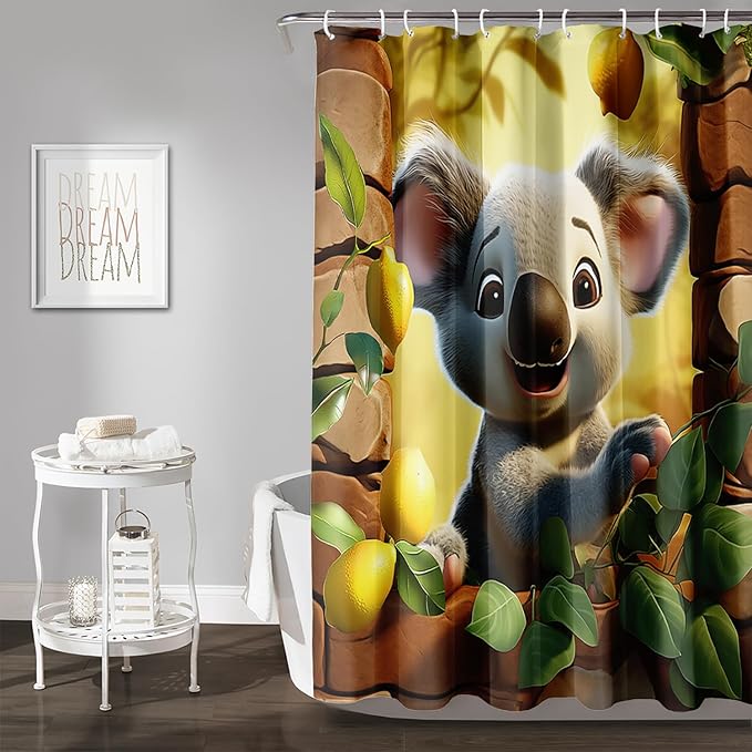 AILONEN Cartoon Koala Shower Curtain for Kids,Kawaii Lemon Koala Shower Curtain for Bathroom,Lovely Animals Shower Curtain Set with Hooks,72" W*72" H