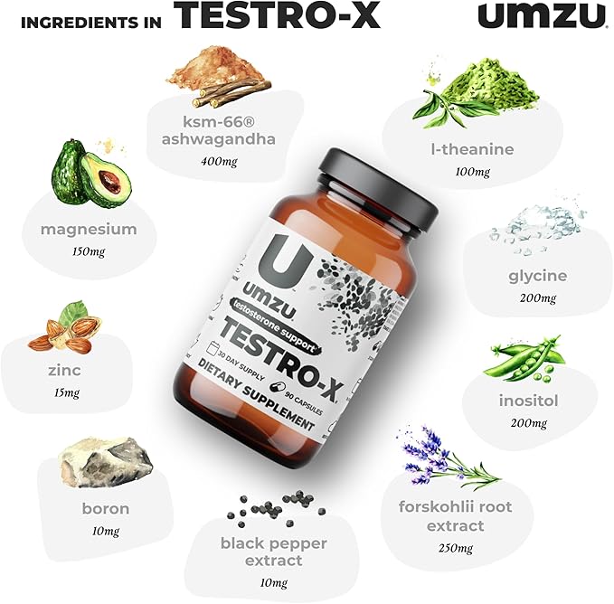 UMZU Testro-X Testosterone Supplement for Men | Support Energy, Strength, Stamina & Healthy T Levels (30 Day Supply | 90 Capsules)