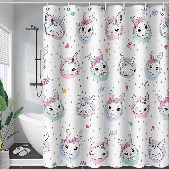 AILONEN Cute Rabbit Shower Curtain, Cartoon Kawaii Bunny Shower Curtain for Bathroom,Modern Minimalist White Waterproof Fabric Shower Curtain Set with Hooks 48" W*72" H