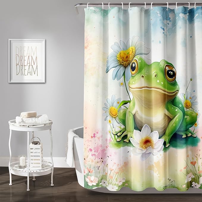 AILONEN Cartoon Frog Shower Curtain Set for Bathroom,Green Frog Bath Curtain,Amphibian Animal Shower Curtain,Tie Dye Flowers Waterproof Fabric Shower Curtain with Hooks,48" W*72" H