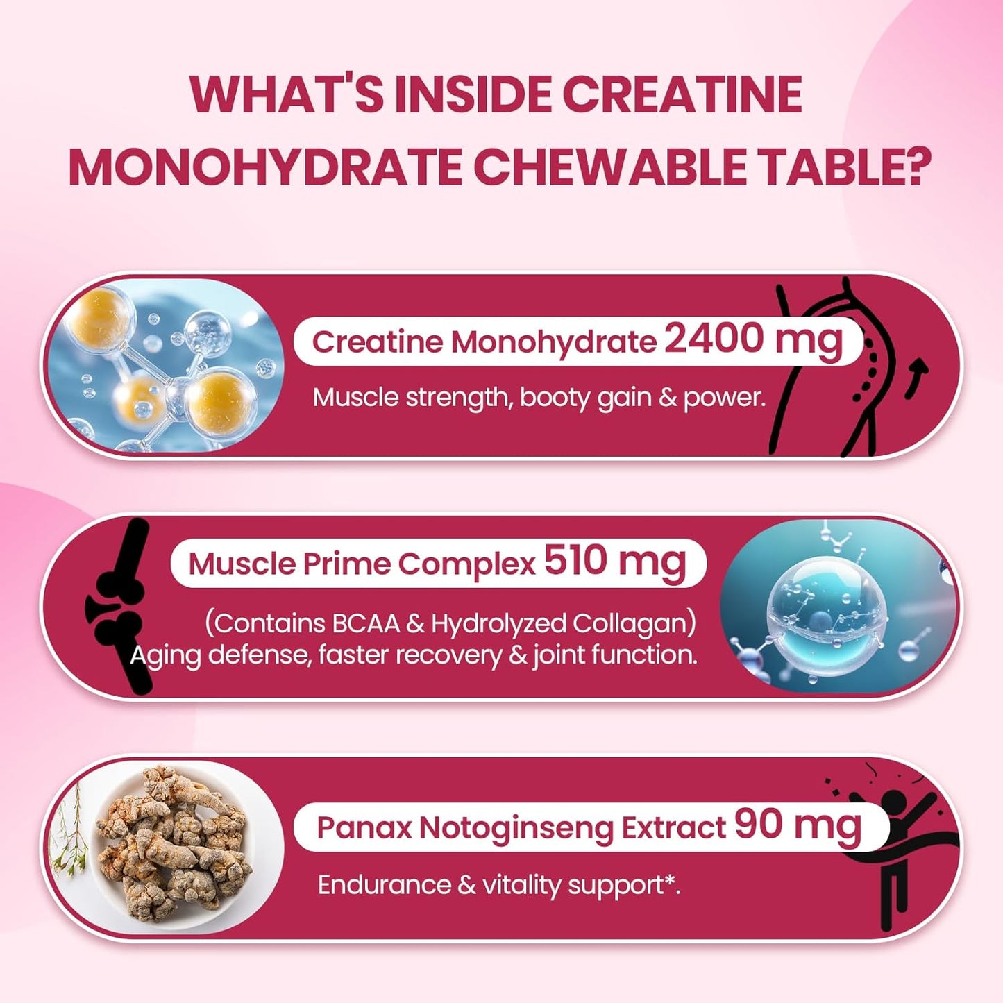 Creatine for Women | with Hydrolyzed Collagen, BCAA | 3g Creatine Chews for Women Booty Gain, Lean Muscles, Recovery & Energy, Vegan, Sugar Free Creatine, Powder Alternative, 60 Servings