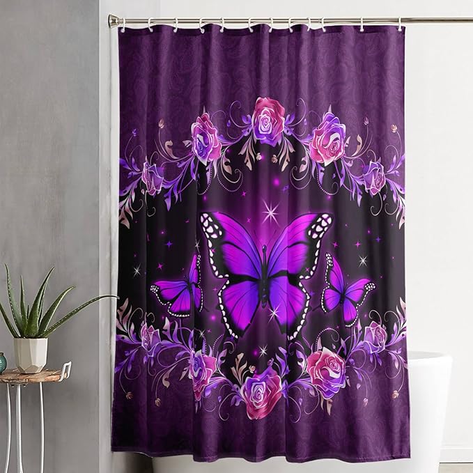 AILONEN Girls Butterfly Shower Curtain for Bathroom, Purple Rose Floral Butterfly Bathroom Curtain,Flying Butterfly Bath Curtain 36" W*72" H Polyester Waterproof Bathroom Curtain with 12 Hooks