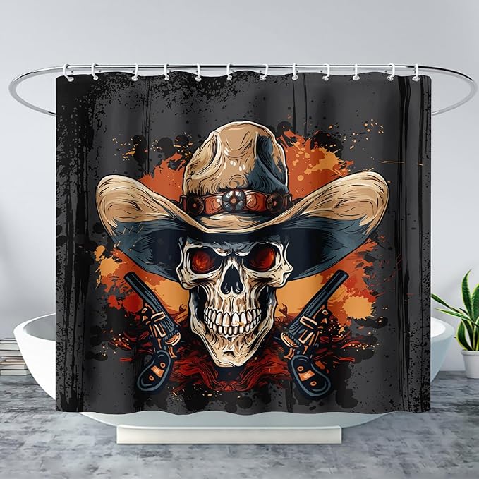 AILONEN Gothic Skull Shower Curtain for Bathroom,Graffiti Fire Gun Skull Black Art Bathroom Curtain for Kids Girls Teen,Bath Curtain 48" W*72" H Polyester Waterproof Bathroom Curtain with 12 Hooks