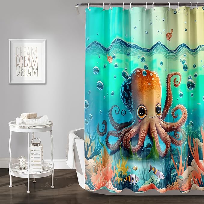 AILONEN Cute Cartoon Octopus Shower Curtain,Beautiful Sea World Theme theme Bath Curtain Cloth Fabric Bathroom 72" W*84" H Inch,12 Pack Hooks for Kids Child Sea Animal Bathroom Curtain