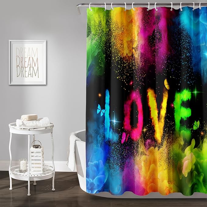 AILONEN Girls Shower Curtain for Bathroom, Rainbow Smoky Love Printed Bathroom Curtain Decor,Women Colorful Bath Curtain Polyester Waterproof Bathroom Curtain with 12 Hooks(72" W*84" H)