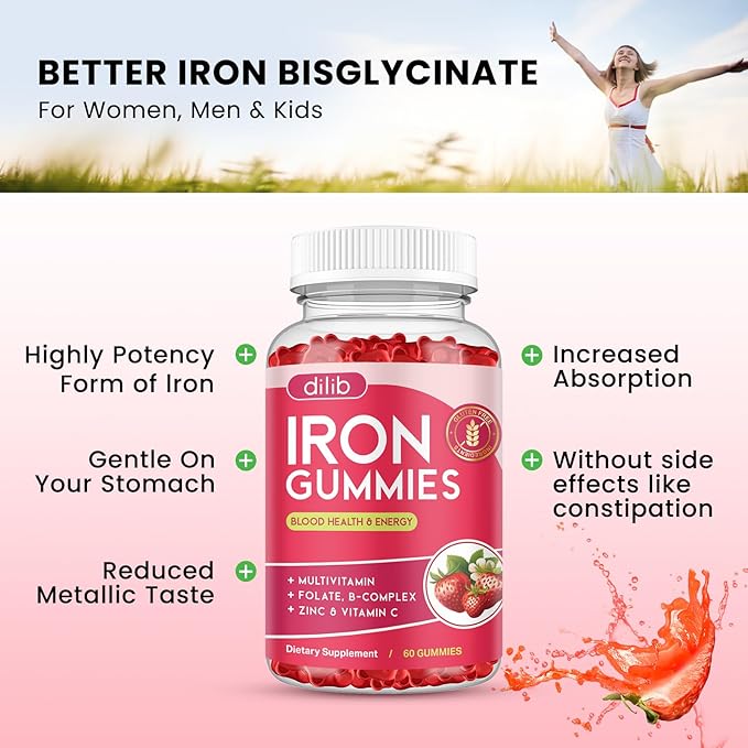 2 Pack Iron Gummies with Multivitamin, Iron Supplement for Women & Men with Zinc, Vitamin B Complex & C, B12, Folate - Blood Builder & Energy Support for Adults & Kids - Strawberry Flavor, Vegan 120ct