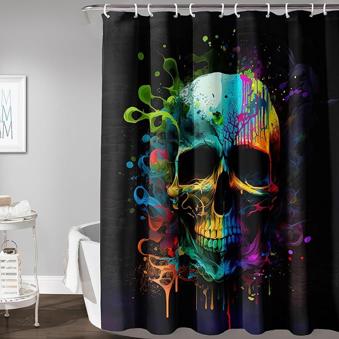 AILONEN Sugar Skull Shower Curtain for Bathroom,Watercolor Skull Bath Curtain Decoration,Minimalism Tie Dye Skeleton Print Waterproof Black Curtain with 12 Plastic Hooks, 72" W*72" H