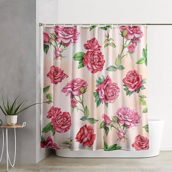 AILONEN Rose Shower Curtain, Watercolor Red Rose Theme Waterproof Shower Curtain Set,Dreamy Romantic Vintage Flower Bathroom Decors for Girls Teens Women,48" W*72" H