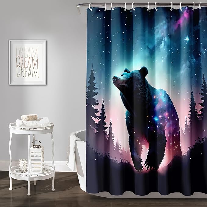 AILONEN 3D Bear Shower Curtain for Bathroom,Evening Starry Black Bear Printed Bath Curtain,Forest Wildlife Decoration Shower Curtain Waterproof 36" W*72" H