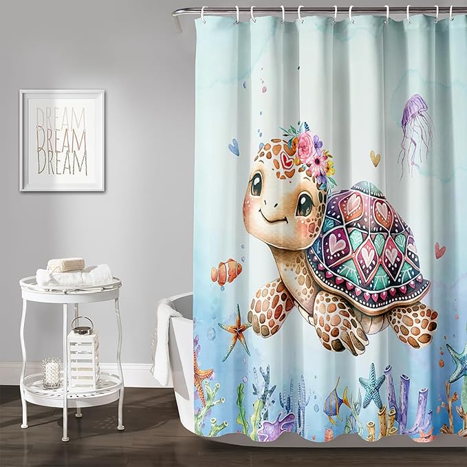 AILONEN Cartoon Sea Turtle Shower Curtain,Kawaii Ocean Sea Turtle Bath Curtain Set for Kids Girls,Ocean Flowers Bathroom Curtains,Watercolor Blue Shower Curtains for Bathroom, 72" W*78" H