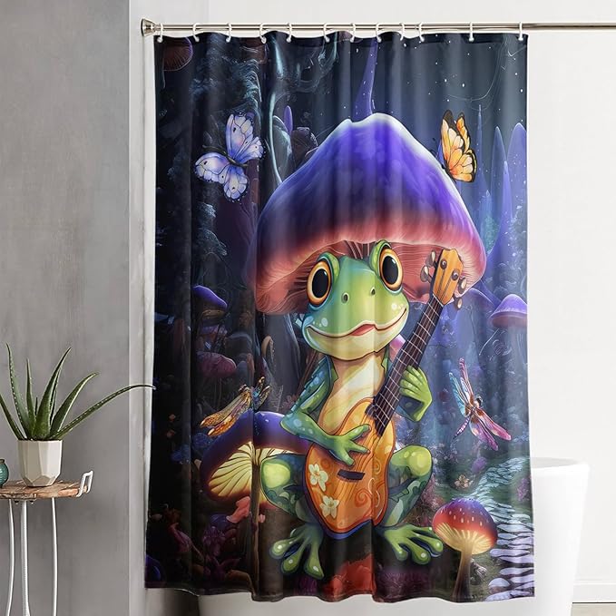 AILONEN Frog Mushroom Shower Curtain,Guitar Frog Amphibious Animal Waterproof Fabric Bath Curtain for Kids Girls,Boho Magic Mushroom Shower Curtain Set for Bathroom with Hooks,48" W*72" H