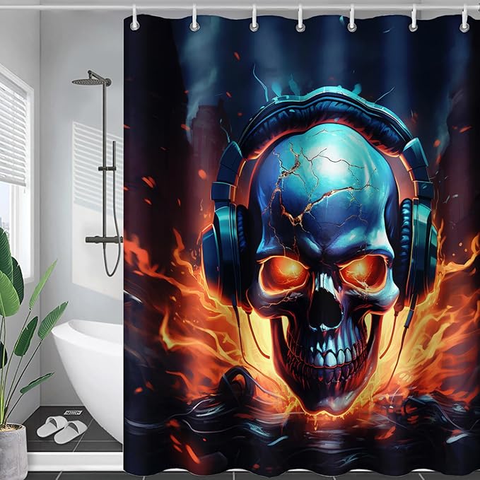 AILONEN Headset Skull Shower Curtain,Hip Hop Skeleton Fire Skull Bath Curtain,Cool Skull Decoration Bathroom Curtain with 12 Plastic Hooks,Waterproof 72" W*96" H