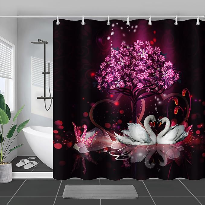 AILONEN Romantic Love Theme Shower Curtain for Girls Pink Love Tree Floral Valentine Bathroom Decor,Swan Couple Lover Bath Curtain 72" W*84" H Polyester Waterproof Bathroom Curtain with Hooks