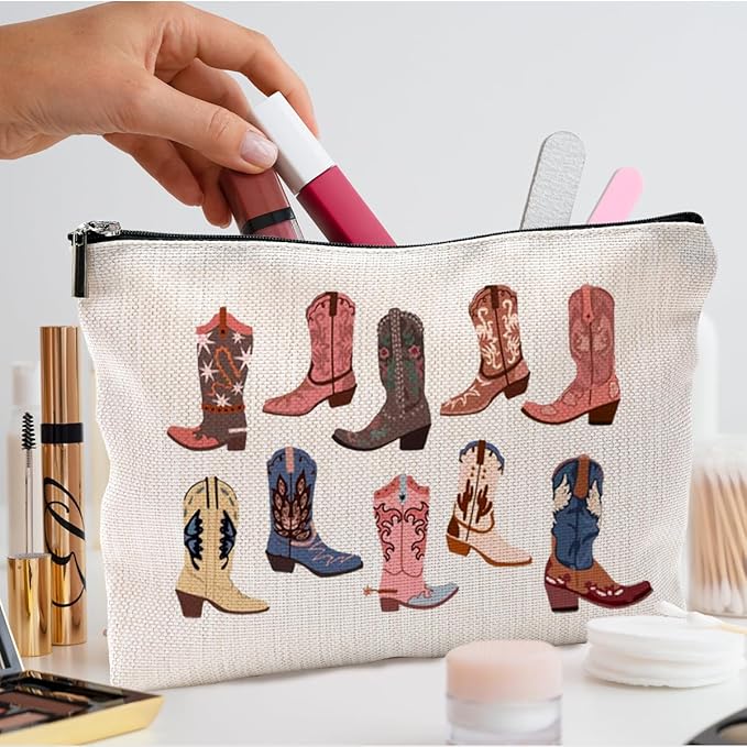 Western Makeup Bag - Cowgirl Gifts, Boho Western Cowboy Boots Makeup Cosmetic Bag for Purse