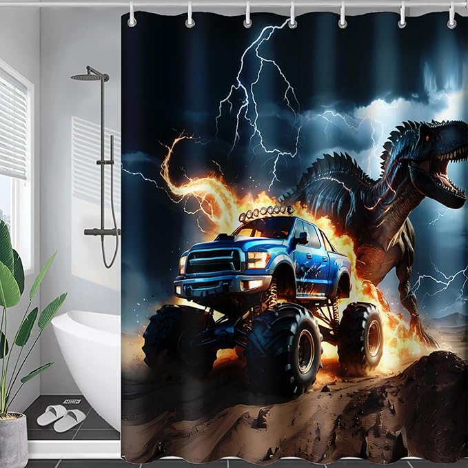 AILONEN Boys Dinosaur Shower Curtain, Monster Truck Bath Curtain,Lightning Roaring Dinosaur Kids Shower Curtain,Waterproof Curtain Bathroom 72" W*84" H Decor with 12 Plastic Hooks